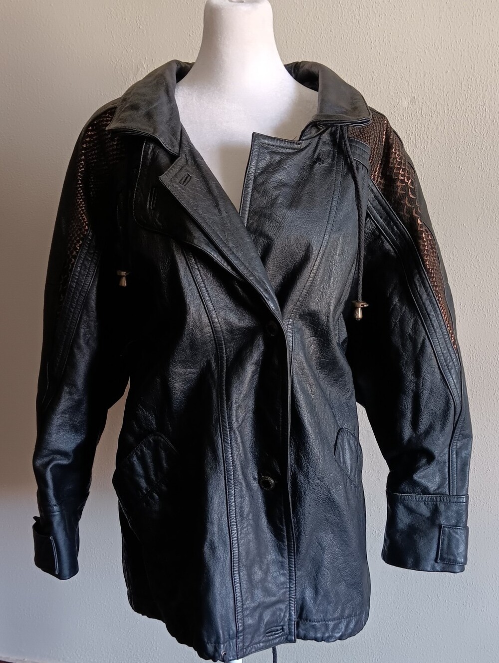 80s 90s Avanti Black Leather Jacket & Brown Shoulder Womens Large, Biker, Punk